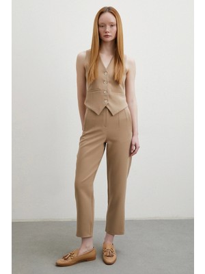 Önü Pensli Skinny Kumaş Pantolon Vizon