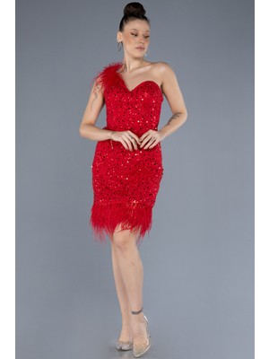 Otrişli Tek Omuz Kısa Pullu Abiye Elbise ABU4580