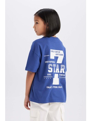 DeFacto Kız Çocuk Oversize Geniş Kalıp Bisiklet Yaka Sırt Baskılı Kısa Kollu Tişört D8540A825SM