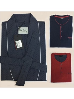Pierre Cardin 5'li Uzun & Şortlu Pijama Robdöşambır Erkek Çeyiz Seti Lacivert Desenli 5560