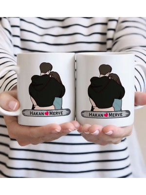 Bk Gift Kişiye Özel Sarılan Sevgili Tasarımlı Ikili Beyaz Kupa Bardak-1, Sevgililer Günü, Sevgiliye Hediye