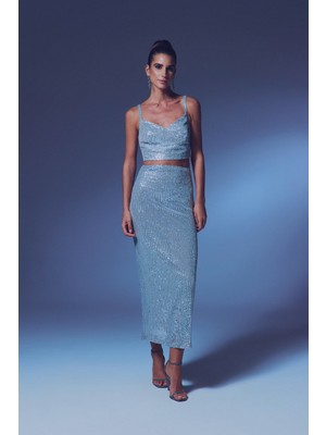 Fermuarlı Karolin Midi Etek - Gümüş