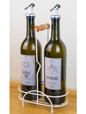 Digithome Petra 2'Li Krem Metal Standlı Ahşap Saplı Yağdanlık Seti Gümüş Etiketli Amber Yağlık 750 Ml