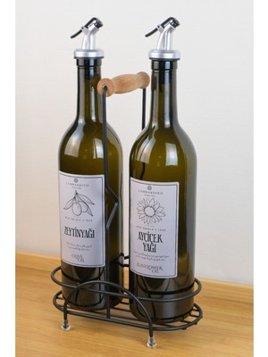 Digithome Petra 2'li Siyah Metal Standlı Ahşap Saplı Yağdanlık Seti Gümüş Etiketli Amber Yağlık 750 ml