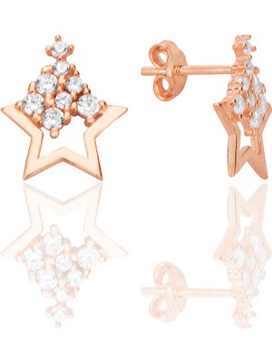 Gümüş Rose Zirkon Taşlı Işıltılı Yıldız Küpe SGTL12712ROSE