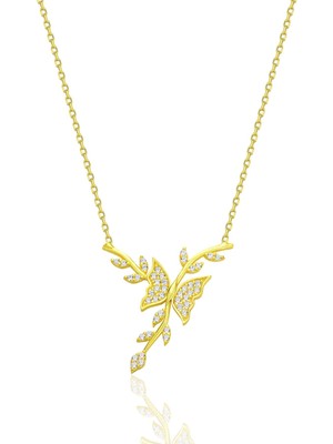 Söğütlü Silver Gümüş Altın Yaldızlı Zirkon Taşlı Dalda Dans Eden Kelebek Kolye SGTL12681GOLD
