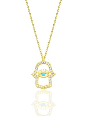 Söğütlü Silver Gümüş Altın Yaldızlı Turkuaz ve Zirkon Taşlı Koruyucu Hamsa El Kolye SGTL12669GOLD