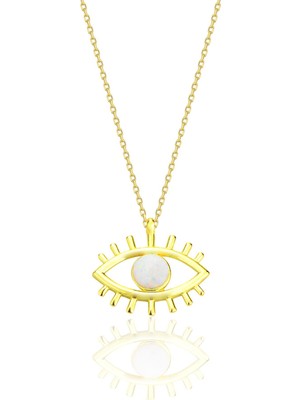Söğütlü Silver Gümüş Altın Yaldızlı Opal Taşlı Sonsuz Bakış Göz Kolye SGTL12672BEYAZ