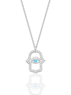 Söğütlü Silver Gümüş Rodyumlu Turkuaz ve Zirkon Taşlı Koruyucu Hamsa El Kolye SGTL12669RODAJ