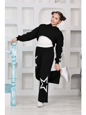 Miniğimin Cicileri (10-15 Yaş) Eskitme Yıldız Baskılı Kız Çocuk Croplu tarz takım - Siyah