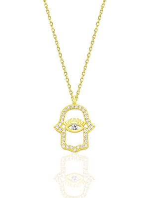 Söğütlü Silver Gümüş Altın Yaldızlı Zirkon Taşlı Koruyucu Hamsa El Kolye SGTL12670GOLD