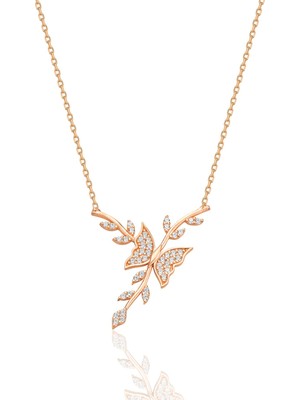 Söğütlü Silver Gümüş Rose Zirkon Taşlı Dalda Dans Eden Kelebek Kolye SGTL12681ROSE