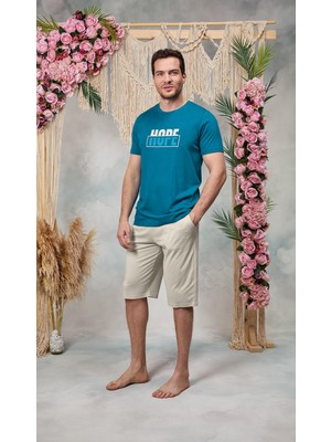 Doreanse Erkek Mavi Baskılı Şort T-Shirt Pijama Takımı 25Y4575