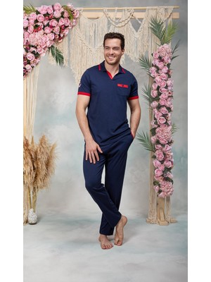 Doreanse Erkek Lacivert Gemici Baskılı Polo Yaka T-Shirt Pijama Takımı 25Y4572