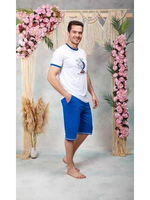Doreanse Erkek Mavi Beyaz Baskılı Şort T-Shirt Pijama Takımı 25Y4573