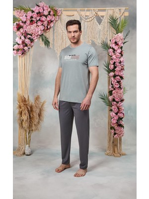 Doreanse Erkek Gri Yazı Baskılı T-Shirt Pijama Takımı 25Y4574
