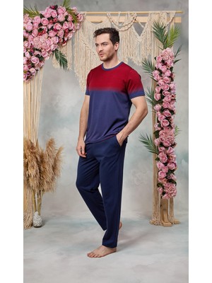 Doreanse Erkek Lacivert Kırmızı Baskılı Bisiklet Yaka T-Shirt Pijama Takımı 25Y4560