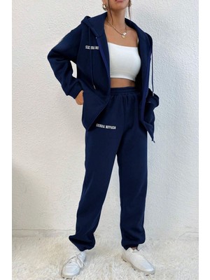 Trendseninle Kadın 3 Iplik Lacivert Sıerra Baskılı Hırka Jogger Oversize Eşofman Takımı