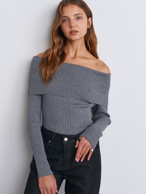 Dilvin 10705 Bardot Yaka Pullu Fitilli Triko Kazak