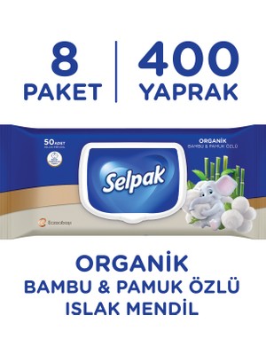Selpak Organik Bambu ve Organik Pamuk Özlü Islak Mendil 8'li 400 Yaprak