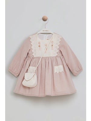 Bombili Brode Detaylı Çiçek Nakışlı Çantalı Özel Gün Kız Bebek Elbise