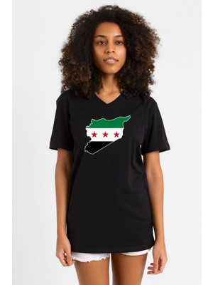 Suriye Yeni Bayrak Siyah Kadın V Yaka Tshirt