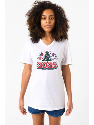 Happy New Year 2025 Essential Beyaz Kadın V Yaka Tshirt