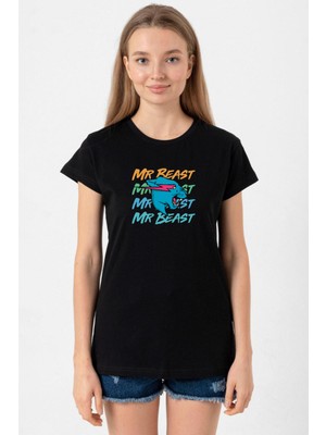 Mr Beast Lettern Siyah Kadın Tshirt