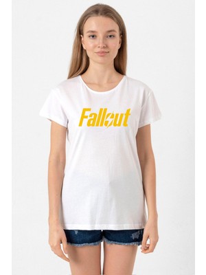 Fallout Lettern Beyaz Kadın Bisikletyaka Tshirt