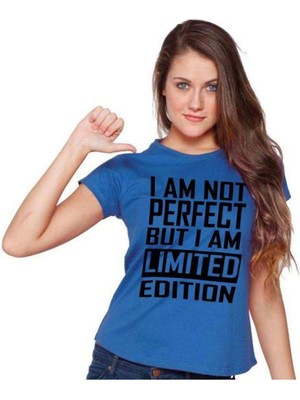 Limited Edition Baskılı Dar Kesim Kadın Mavi T-Shirt
