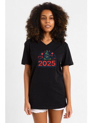 Happy New Year 2025 Essential Siyah Kadın V Yaka Tshirt