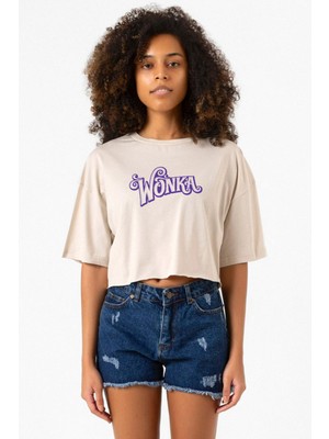 Willy Wonka Logo Bej Kadın Crop Tshirt