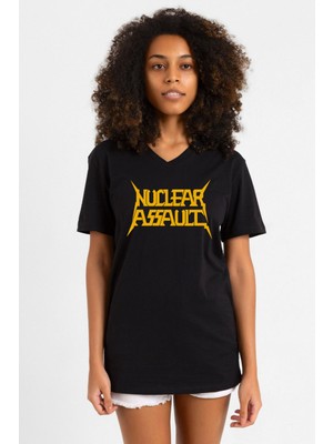 Nuclear Assault Lettern Siyah Kadın V Yaka Tshirt