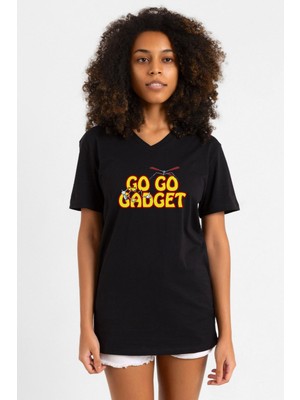 Inspector Gadget Go Go Gadget Siyah Kadın V Yaka Tshirt
