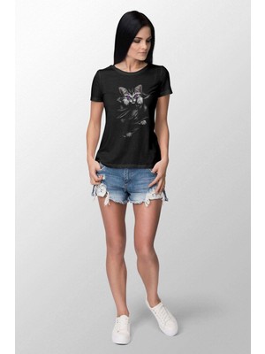 Kedi Baskılı Dar Kesim Kadın Siyah T-Shirt