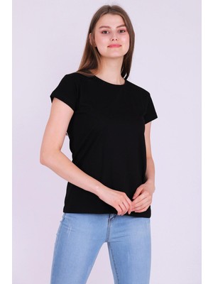 Siyah Renk %100 Pamuk Bisiklet Yaka Basic Baskısız Kadın Örme Kısa Kollu Tshirt