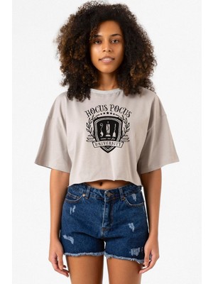 Hocus Pocus University Taş Rengi Kadın Crop Kapşonlu