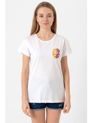 Sarı Kırmızı Aslan Beyaz Kadın Bisikletyaka Tshirt
