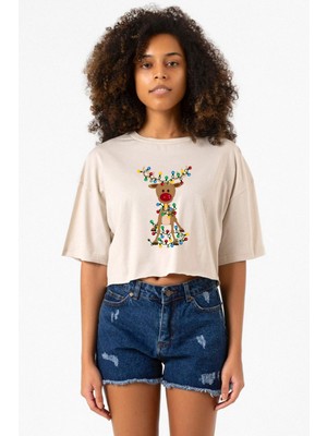 Adorable Reindeer Christmas Bej Kadın Crop Tshirt