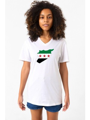 Suriye Yeni Bayrak Beyaz Kadın V Yaka Tshirt