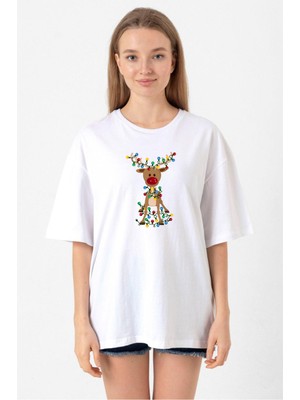 Adorable Reindeer Christmas Beyaz Kadın Oversize Tshirt