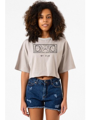 Demon Slayer Anime Inosuke Hashibira Eyes Taş Rengi Kadın Crop Kapşonlu