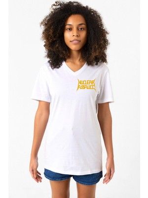 Nuclear Assault Lettern Logo Beyaz Kadın V Yaka Tshirt