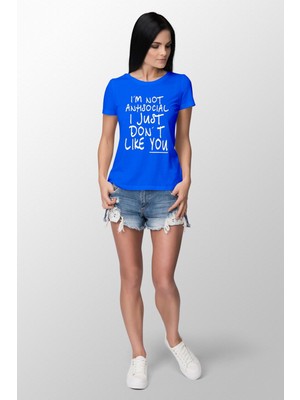 Antisocial Baskılı Dar Kesim Kadın Mavi T-Shirt