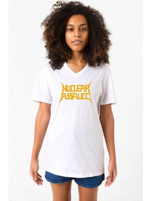 Nuclear Assault Lettern Beyaz Kadın V Yaka Tshirt
