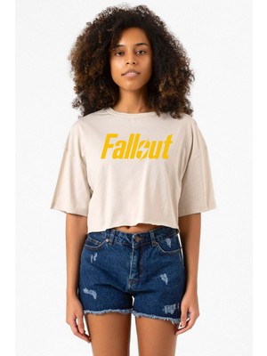 Fallout Lettern Bej Kadın Crop Tshirt