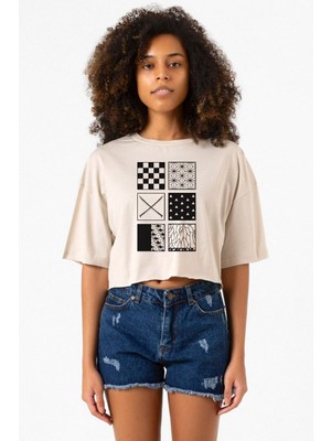 Demon Slayer Anime Patterns Bej Kadın Crop Tshirt
