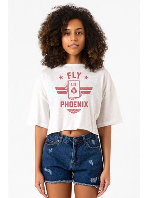 Top Gun Maverick Fly Like A Phoenix Beyaz Kırçıllı Kadın Crop Tshirt