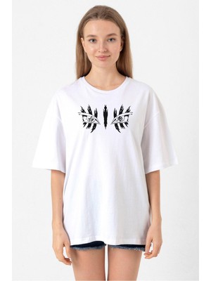 Demon Slayer Anime Upper Moon Demon Eyes Beyaz Kadın Oversize Tshirt