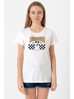 Halloween Mickey Ghost Beyaz Kadın Bisikletyaka Tshirt